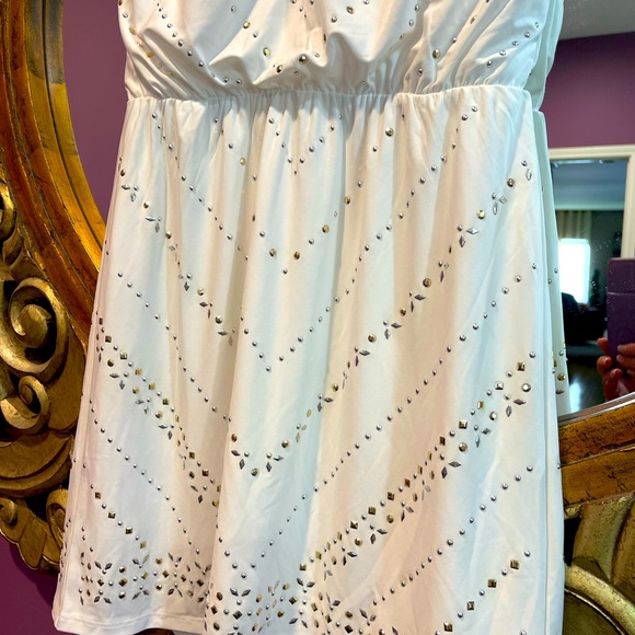 White House black market nwt xs white v neck dress gold silver - Picture 5 of 10